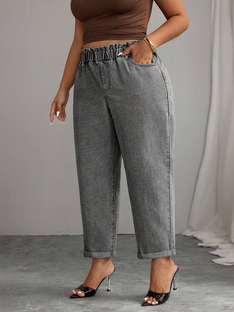 Elenzga Plus Size Women's Pocket Design Tapered Leg Casual Versatile Jeans - Light Grey - View 1