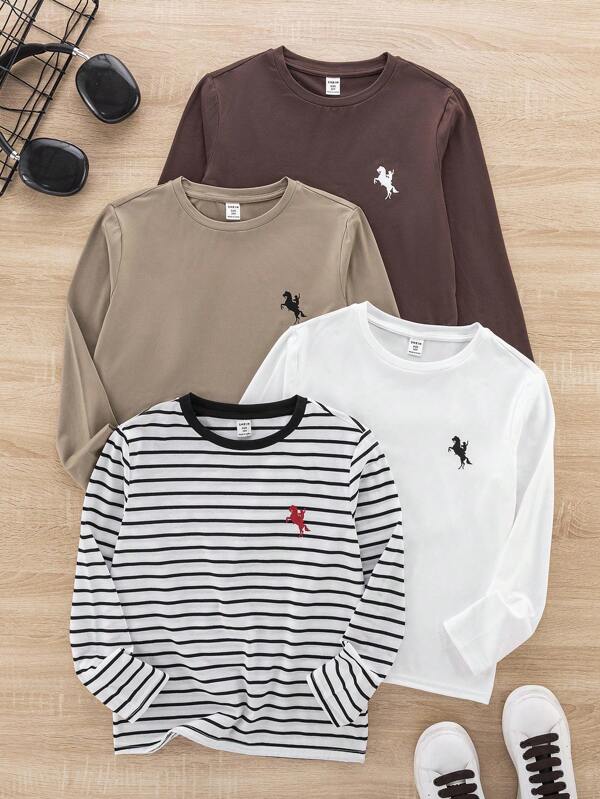 SHEIN Conjunto de 4 piezas para niños preadolescentes: Camisetas de manga larga con estampado de caballero a rayas