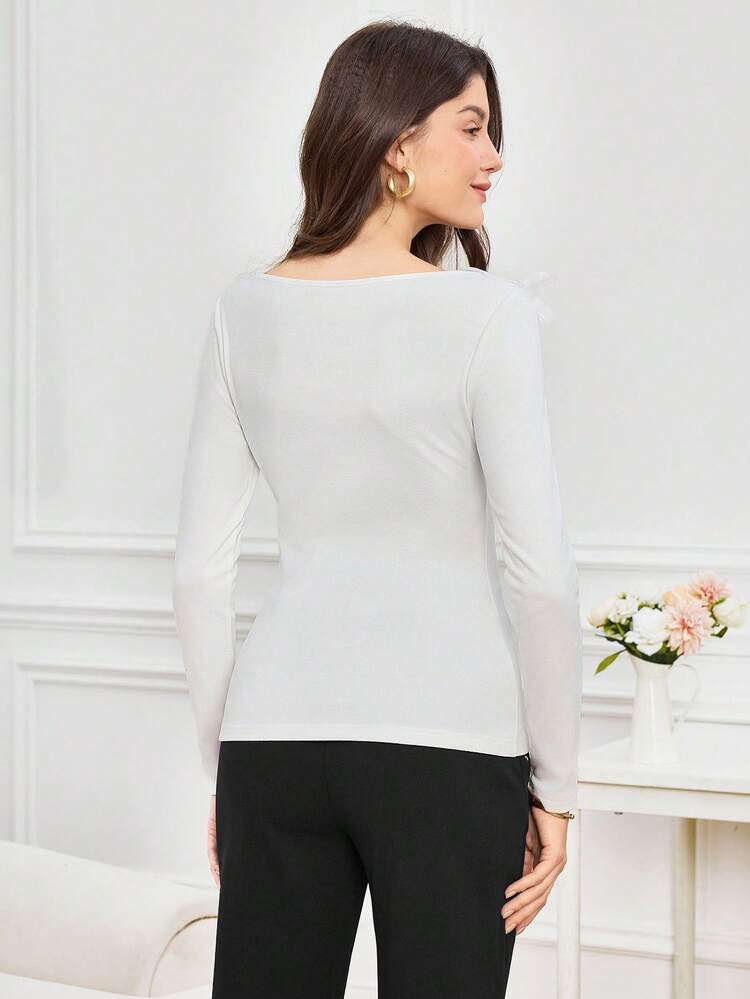 3D Floral Print Fitted Women's T-Shirt, Mesh Patchwork Applique Design Elegant Women's T-Shirt, Fall/Winter White Sheer Top Sheer Tops For Women White Mesh Top Sheer Long Sleeve Top White Top With Floral Applique,Chic Tee,White Top New Year