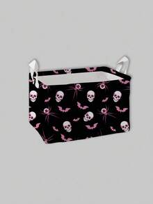 ROMWE Goth 1pc Halloween Black Background All-Over Eye, Spider, Skull, Bat Print Storage Basket, Suitable For Bedroom, Living Room, Bathroom - Black - View 8