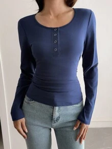 Livesso 女士圆领半拉链休闲长袖 T 恤，纯色 - 藏蓝色 - 查看 3