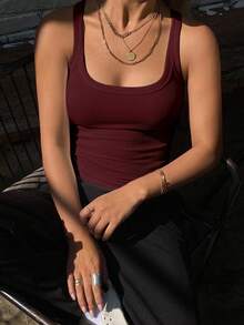 Livesso 女款純色商務休閒背心，夏季新款掛脖上衣 - 酒紅色 - 查看 3