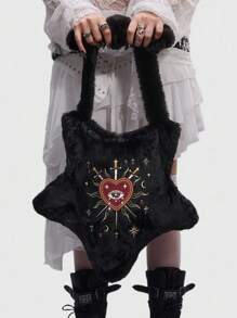 ROMWE Grunge Punk 万圣节红心眼水钻、星星、月亮、十字架、剑创意设计 Y2K 朋克风格女士黑星毛绒斜挎包