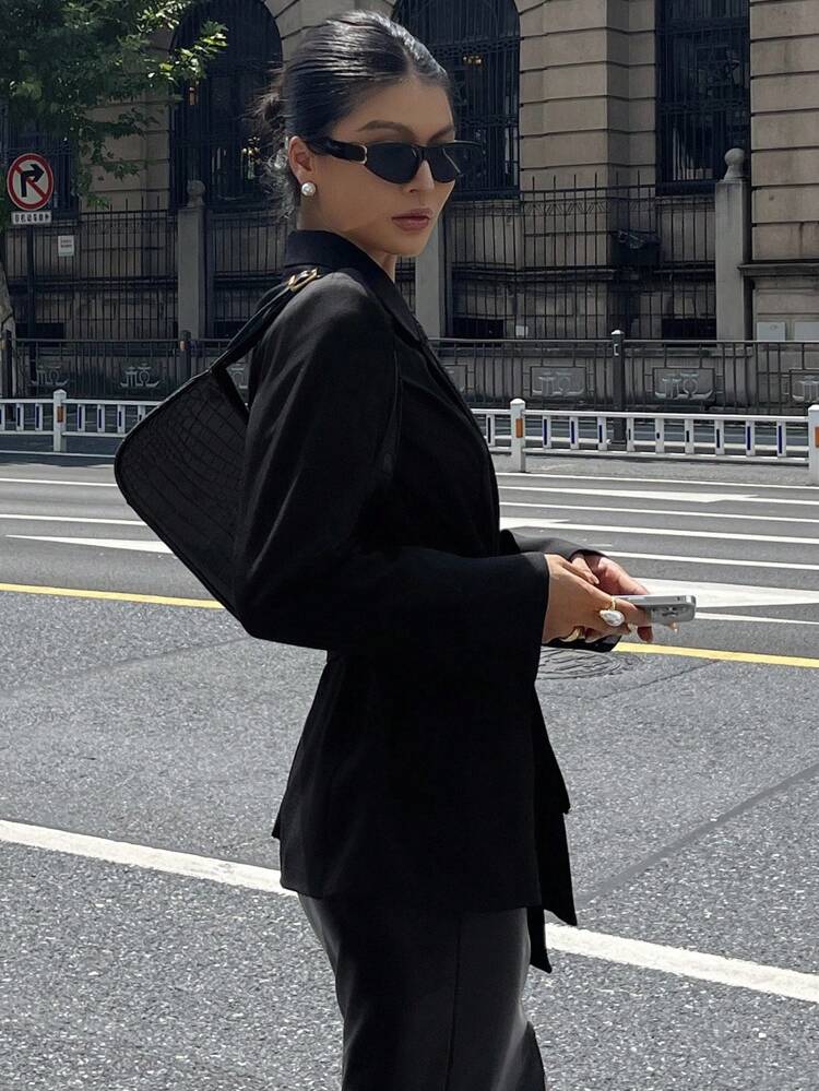 Women's Elegant Solid Color Waist Belt Blazer, Autumn Business Attire