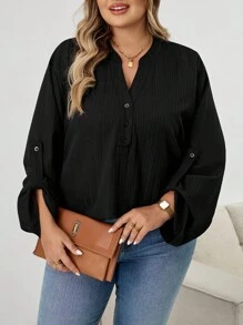 SHEIN CURVE+ Plus Size Textured Black Blouse: Button-Front, Roll-Tab Sleeve, Casual Top,Teacher Shirtsfall Clothes For Women,Winter,CURVE PLUS