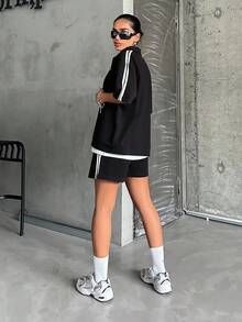 Half Sleeve Tee And Shorts & Jacket 3pcs Set - Black and White - View 2