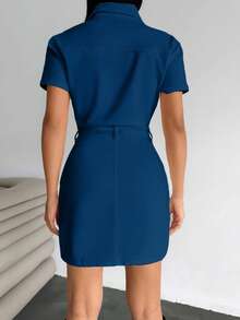 EURMUSE Mini Button And Belt Detailed Denim Dress - Dark Wash - View 2