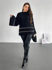 Firerie Plus Size Women's Casual Everyday Minimalist White Contrast Edge Side Slit Knit Pullover Sweater, Autumn/Winter Ribbed Sweaters Women Sweaters Plus Size Sweaters Sweaters With Bell Sleeves Embroidered Sweaters - Black - View 5