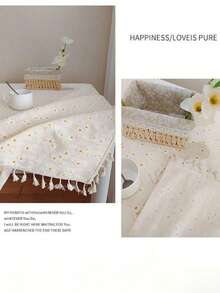 SHEIN 1pc Square Tassel Tablecloth, Fresh Pastoral Style Table Decoration With Daisy Pattern And Tassel Trim, Suitable For Picnic, Party, Room, Kitchen, Home Decor - goose yellow - View 3