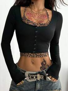 Coolane 女士基本款系带吊带背心短款假两件 T 恤 - 彩色 - 查看 4