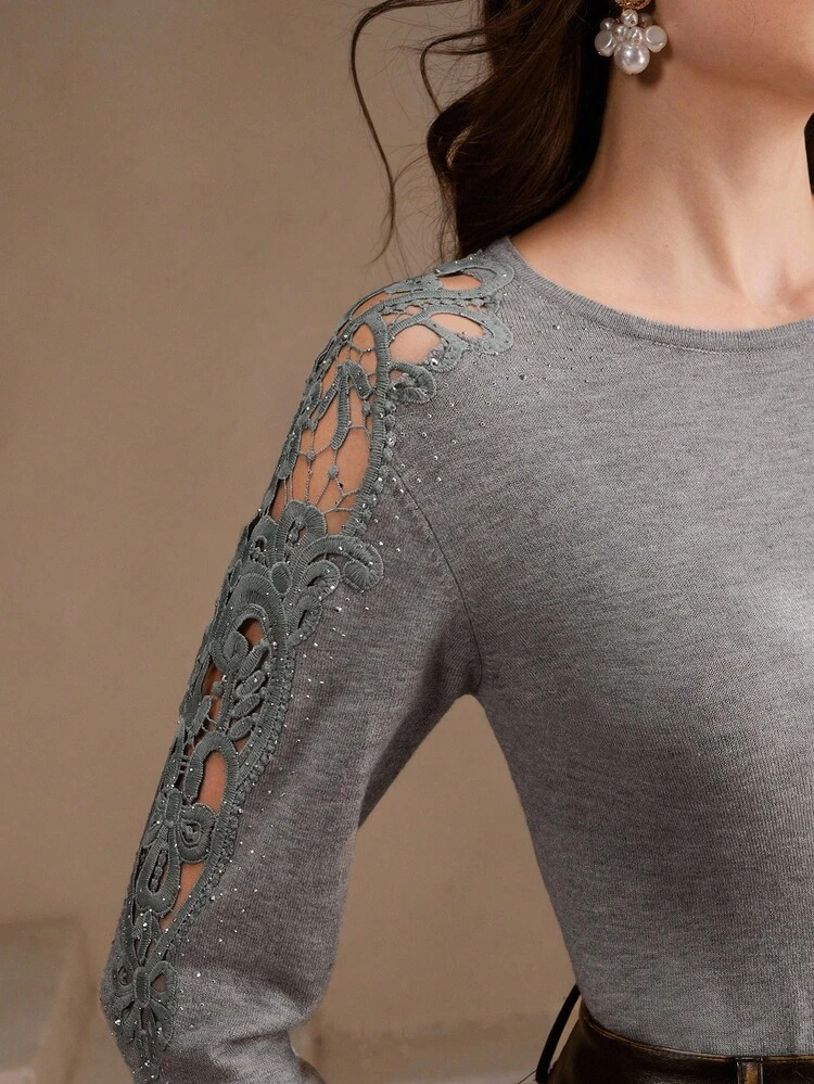 Autumn/Winter Round Neck Lace Sheer Asymmetrical Patchwork Women Knit Top T-Shirt, Christmas Sweater, New Year Clothes