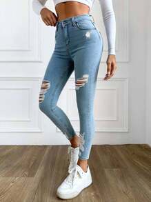 EURMUSE 98%纯棉破洞下摆紧身牛仔裤