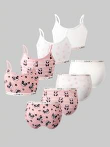 4pcs/Set Girls Young Girl Cute Panda Heart Love Print Ribbon Camisole Top & Soft Sweet Heart Print Briefs Underwear Set - Multicolor - View 2