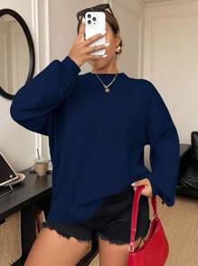 Elenzga Áo len chui đầu cổ tròn tay dài dáng rộng, dáng rộng cỡ lớn dành cho nữ, mùa thu/đông - Màu xanh hải quân - Xem 9