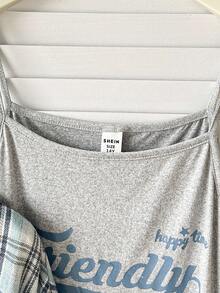 少女夏秋季休闲套装：格子衬衫和字母图案长裙，适合度假休闲穿着 - 彩色 - 查看 7