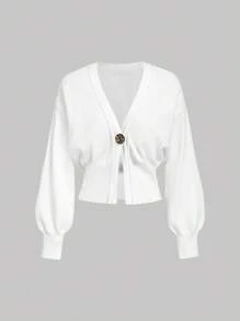 SHEIN MOD كارديجان نسائي أنيق أبيض أحادي الصدر، ملابس علوية كاجوال بلون موحد للخريف، ملابس العمل اليومية، العودة إلى المدرسة، مهرجان النهضة، الحفلات الموسيقية - أبيض - مشاهدة 1