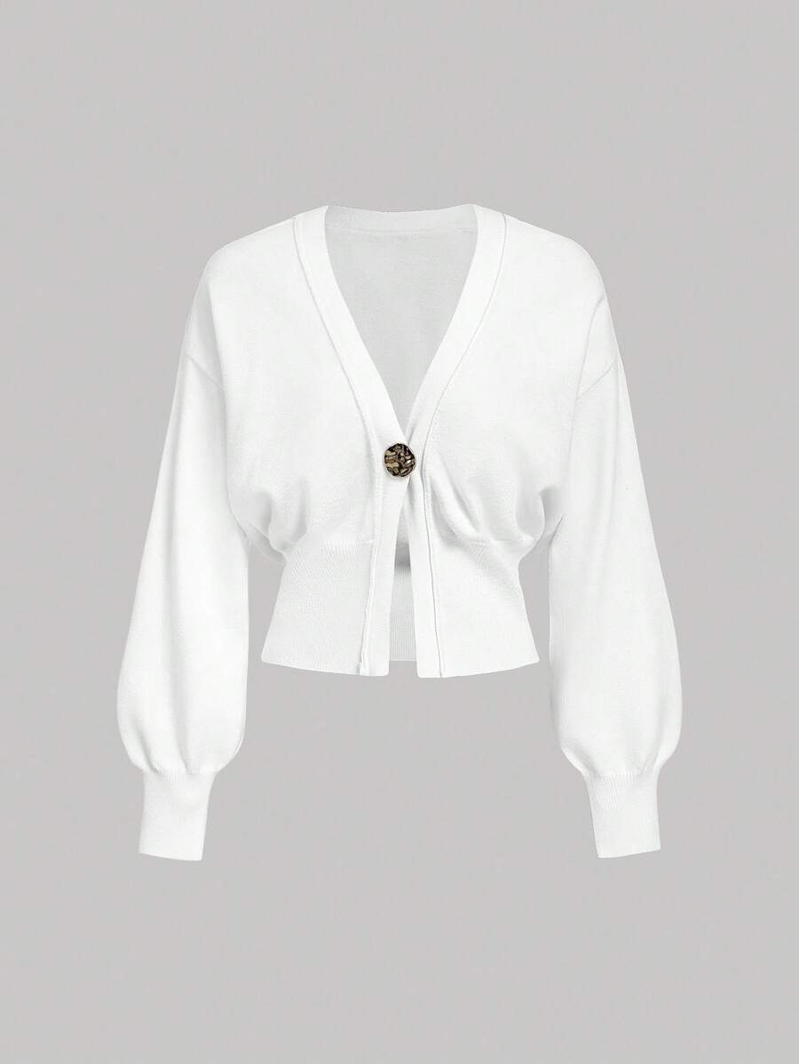 SHEIN MOD كارديجان نسائي أنيق أبيض أحادي الصدر، ملابس علوية كاجوال بلون موحد للخريف، ملابس العمل اليومية، العودة إلى المدرسة، مهرجان النهضة، الحفلات الموسيقية - أبيض - مشاهدة 1