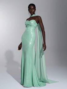 Elitara 优雅奢华薰衣草紫色 V 领串珠褶饰紧身胸衣美人鱼下摆正式礼服，适合女士正式晚礼服 - 薄荷綠 - 查看 5