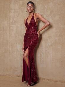 Lumalex VITNOS Autumn/Winter New Women's Solid Color Sequin Side Slit Fishtail Hem Deep V Sexy Halter Dress Red Sequin Dress Burgundy Sequin Dress Red Sparkly Dress Sequin Gown Red Formal Dress Autumn Outfit, Suitable For Concerts, Dates, Weddings, Parties, Birthday, Night Out