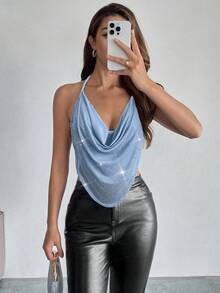 Firerie 女士优雅浪漫时尚通勤性感水钻低胸露背吊带上衣，适合派对、度假、约会和婚礼生日 - 淺藍色 - 查看 6
