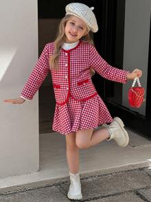 SHEIN Elladie kids 少女红白格子可爱长袖外套搭配裙子套装，适合秋冬 - 紅色 - 查看 3