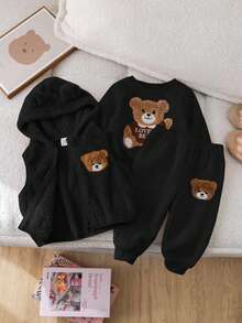 SHEIN 3pcs/Set Baby Girl Cute Black Furry Cartoon Pattern Hooded Vest Sweatshirt & Elastic Waist Pants Outfit, Autumn/Winter, Thermal Lined Fall - Black - View 11