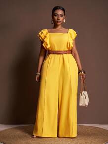 Veslaya 2025 新款女士曲线紧身连衣裤方领荷叶袖褶皱上衣高腰阔腿裤优雅裤套装 - 黃色 - 查看 8