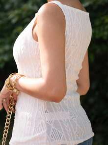 Melissa Matos Áo sơ mi nữ không tay họa tiết hình học cài một hàng khuy đơn giản - Màu be - Xem 6