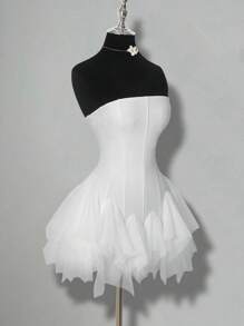 SHEIN ICON Women's Spring And Summer Elegant Sweet Sexy Ballet Style Dance Party Dress With Multi-Layer Asymmetrical Ruffle Stitching White Tube Top With Panties Mini Dress - White - View 1