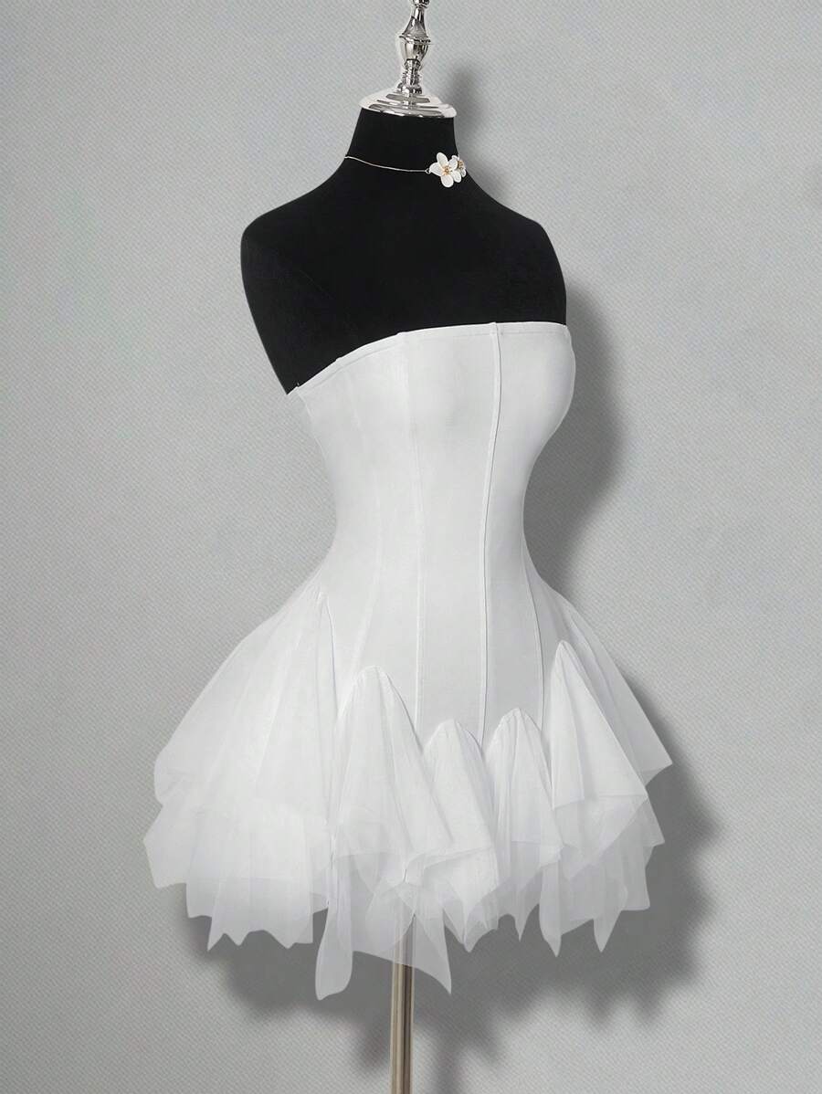 SHEIN ICON Women's Spring And Summer Elegant Sweet Sexy Ballet Style Dance Party Dress With Multi-Layer Asymmetrical Ruffle Stitching White Tube Top With Panties Mini Dress - White - View 1