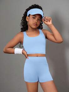 SHEIN 3 件套青少年女孩长袖拉链立领 T 恤、背心和紧身裤运动套装淡蓝色套装蓝色套装 - 藍色 - 查看 9