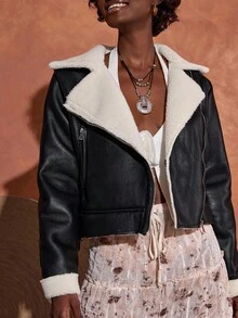 Bóhologie Faux Leather Jacket With Asymmetric Front Zipper, Sherpa Fleece Lining On Collar And Cuffs, Two Zippered Side Pockets, Edgy And Warm Outerwear - Black - View 3