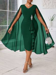 Fleurora Váy dạ hội trang trọng xuyên thấu màu xanh lam có cấu trúc thanh lịch cỡ lớn dành cho nữ mùa thu Quần áo nữ Váy xanh bốn mùa - Màu xanh lá cây đậm - Xem 4