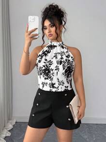 SHEIN PETITE 2件套加大码女式花卉印花褶饰露背上衣和短裤套装 - 彩色 - 查看 1