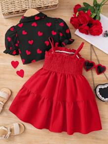 SHEIN 2 件/年轻女孩休闲搭配母女爱心印花泡泡袖衬衫和吊带连衣裙套装，适合情人节、日常休闲装和旅行度假装