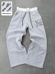 PAVTROS Manfinity Streetrush Men's 2 In 1 Sweatpants,Thickened Thermal Lined Drawstring Waist Joggers, Slogan Light Grey,Autumn,Streetwear,City Break - Light Grey - View 3