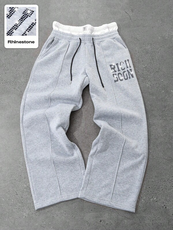 Manfinity Streetrush Men's Casual Street Fashion Faux Two Pieces Sweatpants, Thickened Fleece Lining Drawstring Waist Joggers With "Rich Soon" Minimalist Slogan, Suitable For Daily Wear, Fashion Styling, Back To School, Outdoor, Casual, Sports And Holiday Gifts For Boyfriend