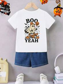 GraphicGems Áo thun cổ tròn tay ngắn họa tiết gấu trúc hoạt hình Halloween vui nhộn, thời trang thường ngày cho bé trai, chữ cái sáng tạo, quả bí ngô, ván trượt, thích hợp mặc trong ngày lễ và hàng ngày, cho tiệc Halloween - trắng - Xem 2