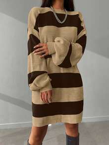 EURMUSE Women's Drop Shoulder Striped Sweater Dress - Chocolate Brown - View 6