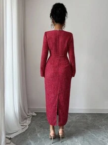 Elenzga Damen Patchwork Saum Schlitz Bleistiftrock, tailliertes Design, langes elegantes vintage minimalistisches Kleid, geeignet für Ausflüge, Dates, Alltag, Teegesellschaften, Herbst/Winter - Bordeaux - Übersicht 2