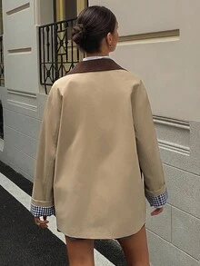 Livesso Women's Casual Contrast Color Windbreaker Jacket, Regular Fit, Autumn,Fall Women Clothes - Khaki - View 3