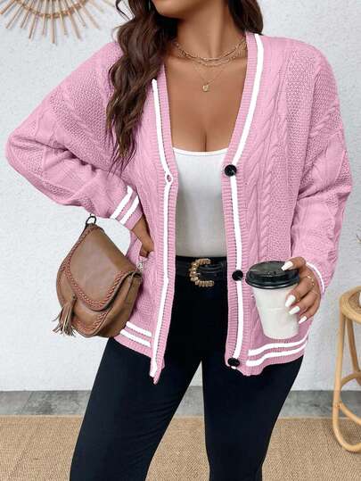 EURMUSE Plus-size dames gebreide cardigan met kabelpatroon en lange mouwen en één rij knopen