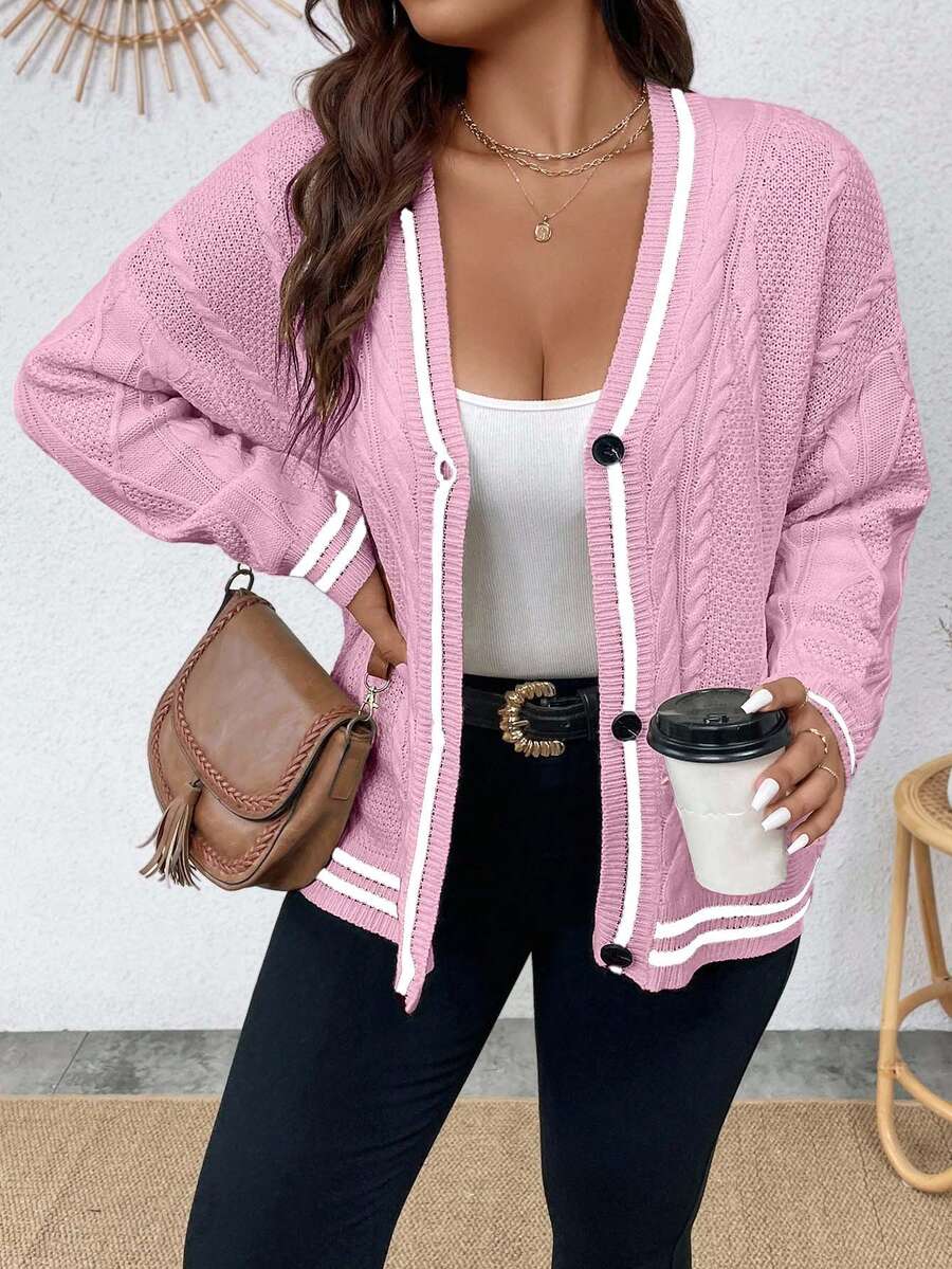 EURMUSE 大码女式扭纹图案长袖单排扣针织开衫 - 淺粉色 - 查看 1