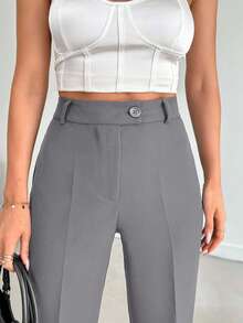 SHEIN Cottnline Straight Pants For Women With High Waist And Elegant Solid Color With Button And Zipper Detail - Dark Grey - View 3