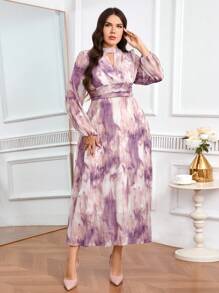 Modelyn Plus Size Women's Tie-Dye Print Keyhole Neck Lantern Sleeve Elegant Dress