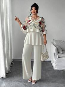 Elenzga Conjunto de dos piezas elegante y casual, formado por una túnica con cuello redondo, empalmado de malla y bordado 3D en talla grande y un mono con cuello redondo, sin mangas y volante en el bajo