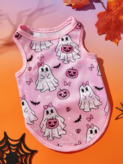  1pc Pet Cat Dog Universal Halloween Pink Ghost Cute Cartoon Pattern Printed Fashion Breathable Comfortable Dog Tank Top, PETSIN Original Design