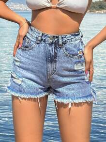 EURMUSE 100%Cotton Back Label Detailed Short With Destroy - Light Wash - View 3