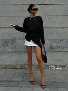 DAZY 女式纯色圆领长袖不对称下摆时尚衬衫，秋季女装 - 黑色 - 查看 6