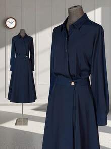 Franclia 海军蓝色长袖中长连衣裙，时尚法式束腰，适合秋季女性 - 藏蓝色 - 查看 1